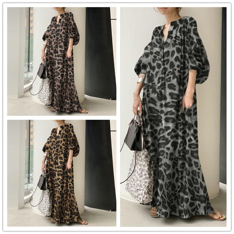 vmtvr - Fashion Printed Maxi Dress Women's Leopard Sundress Spring Puff Sleeve Long Vestidos Female V Neck Robe Oversize