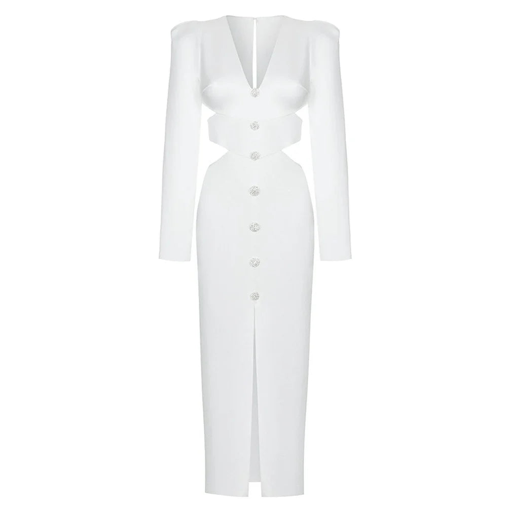 vmtvr - Women Winter Bandage Dress Sexy V Neck Long Sleeve Cut Out White Diamonds Midi Elegant Evening Party Club Dress Vestidos