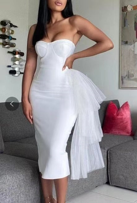 vmtvr - New Bandage Dress Sexy Bodycon Women Mesh Strapless Party Club Evening Elegant Black White Clothes