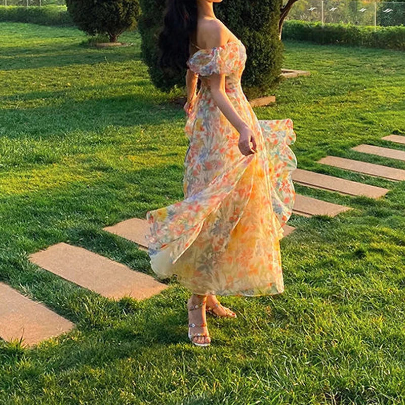 Summer Floral Design Elegant Midi Dresses Women Office Lady One Piece Dress Korean Short Sleeve Vintage Beach Strap Dress 2024