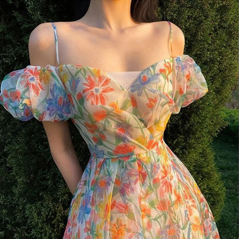Summer Floral Design Elegant Midi Dresses Women Office Lady One Piece Dress Korean Short Sleeve Vintage Beach Strap Dress 2024