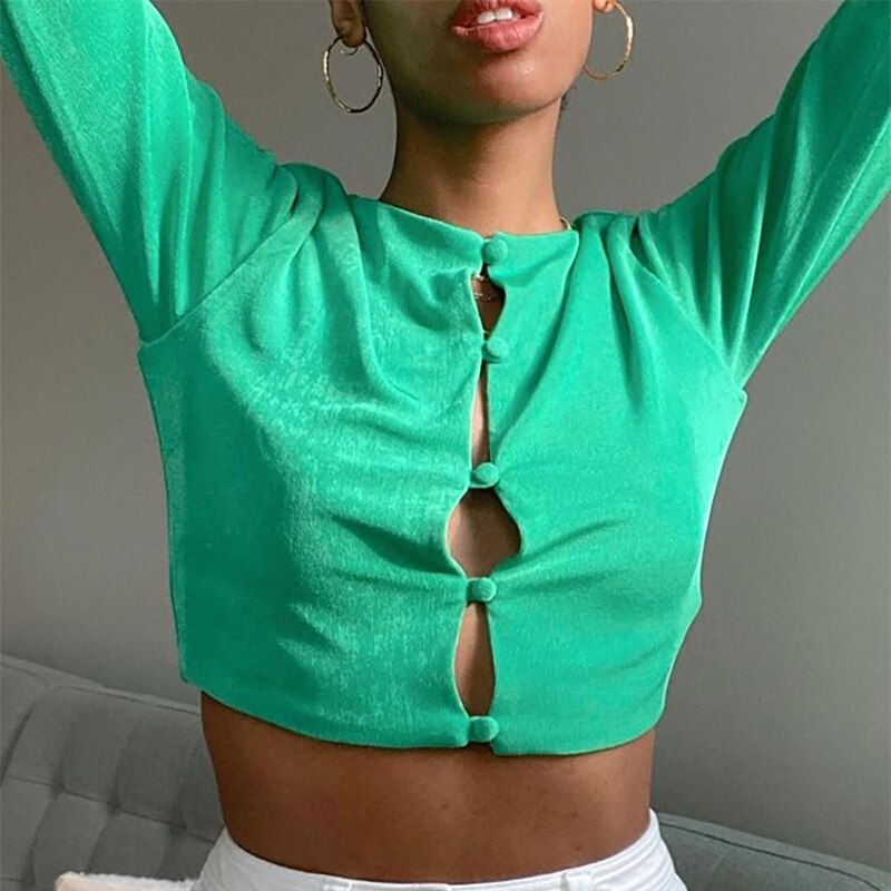 -Fall Outfits -Fall Outfits Long Sleeve Top Summer T Shirt Women Buttons Casual T Shirt Women Long Sleeve Short Summer Crop Top Shirt New Party T-Shirts Y2k Tops