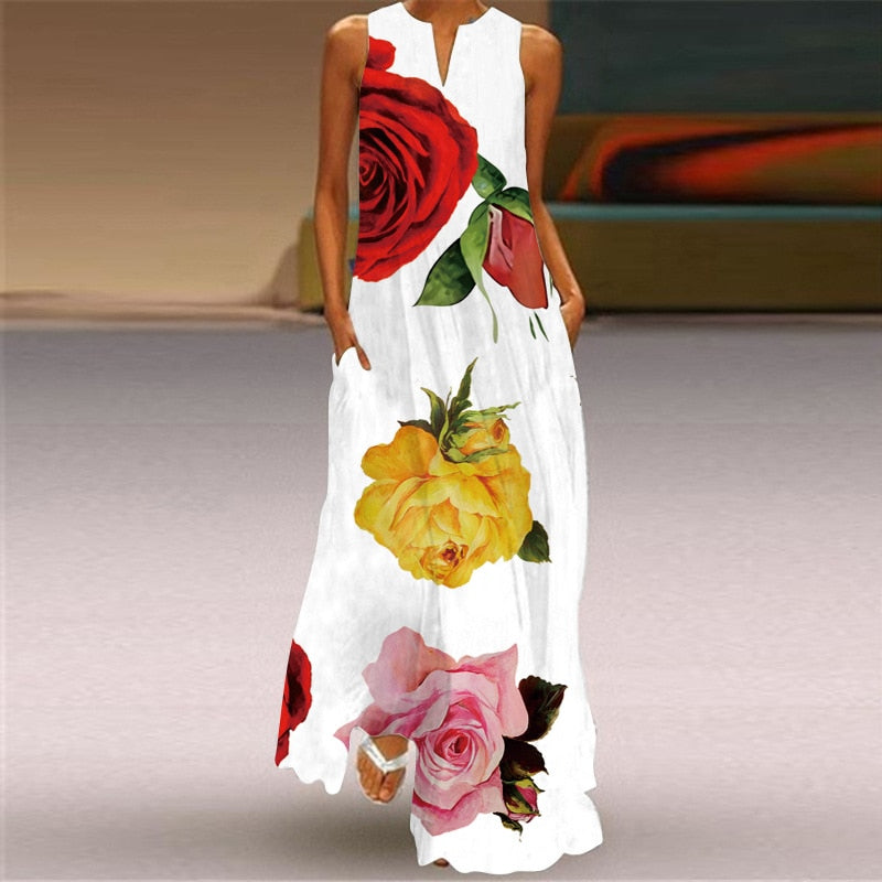 Vintage Print Women Sundress Summer Fashion Sexy V-neck Sleeveless Long Dresses with Pocket Casual Lady Maxi Dress Vestidos