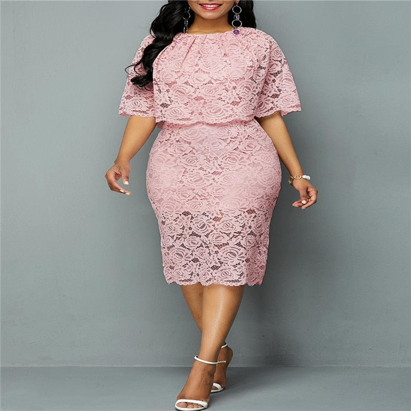 vmtvr 5XL 6XL Women Summer Autumn Dress Elegant Pink Lace Dress Female Evening Party Dresses Vestido Oversized