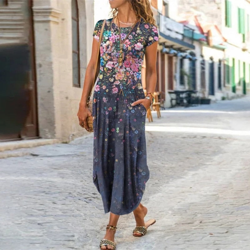 vmtvr - Elegant Women Maxi Dress Summer O Neck Short Sleeve Sundress Office Lady Party Dress Female Print A-Line Long Dress Vestido