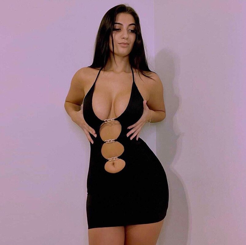 Sexy Halter Summer Women'S Dress Solid Hollow Out Metal Ring Harajuku Bandage Bodycon Dresses Party Club Vestidos Outfit