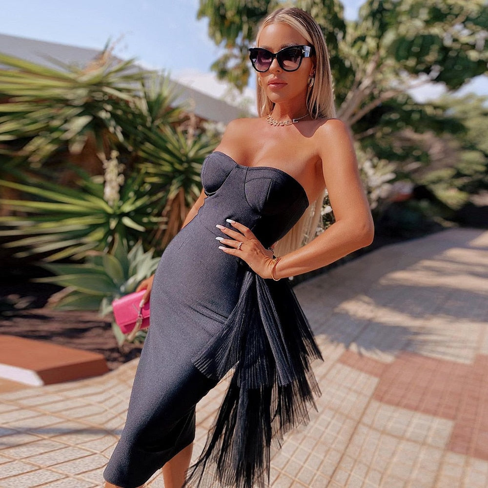 vmtvr - New Bandage Dress Sexy Bodycon Women Mesh Strapless Party Club Evening Elegant Black White Clothes