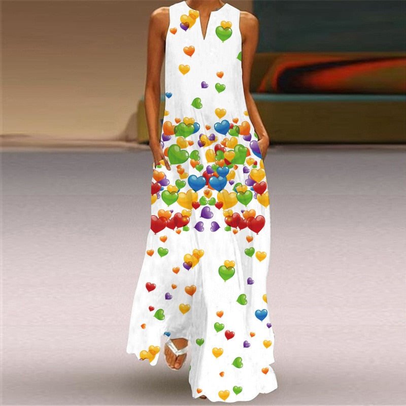 Vintage Print Women Sundress Summer Fashion Sexy V-neck Sleeveless Long Dresses with Pocket Casual Lady Maxi Dress Vestidos