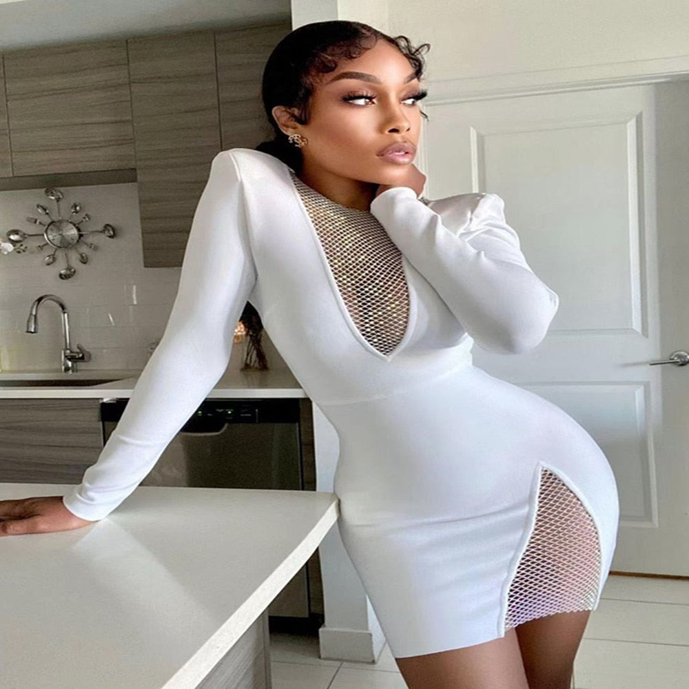 vmtvr - New Summer New Women's Sexy V-neck Mesh Diamond Long Sleeve Bodycon Bandage Dress Fashion Celebrity Party Dress vestido