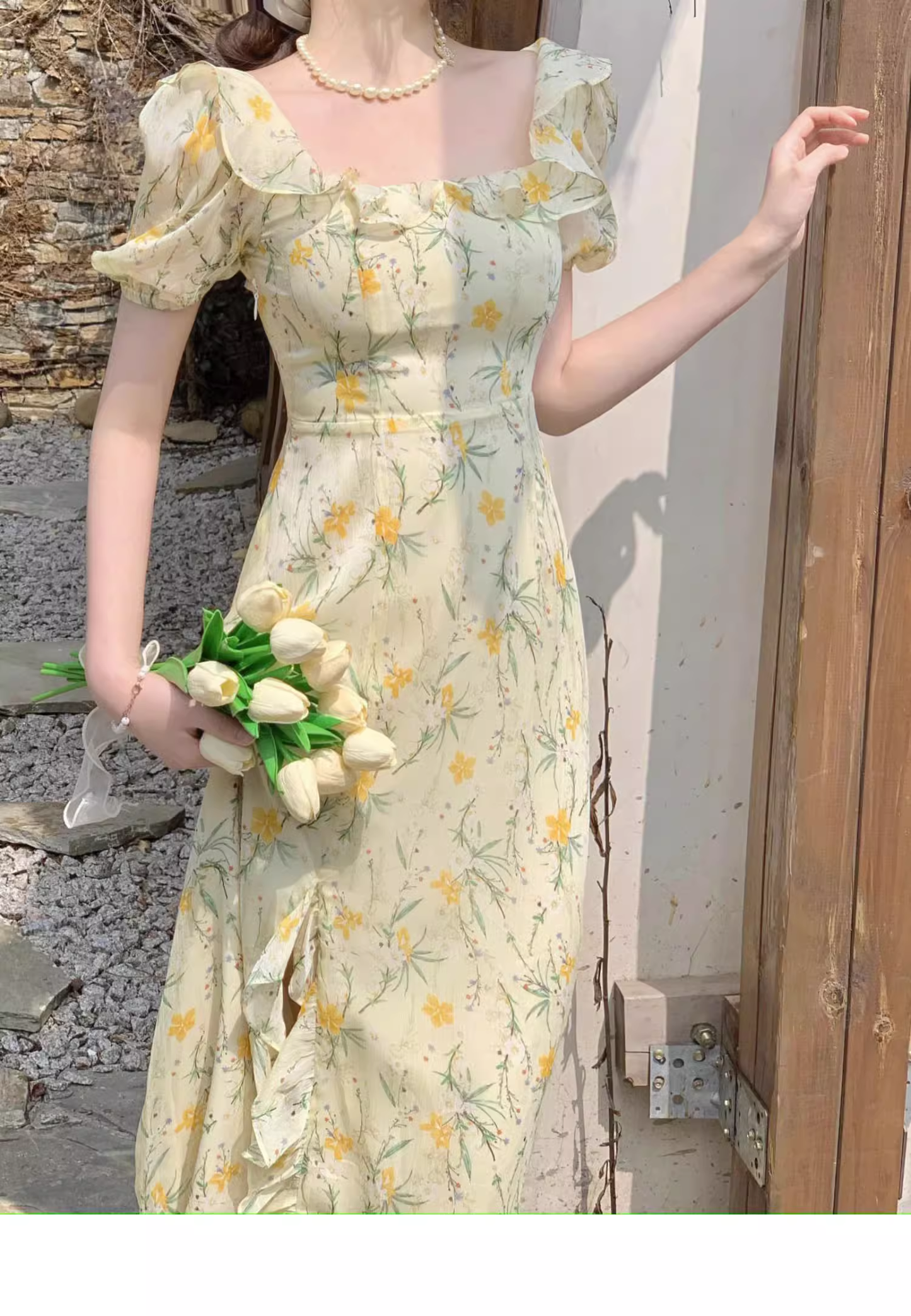 - Beach vacation yellow floral puff sleeve dress for women summer GEU1132