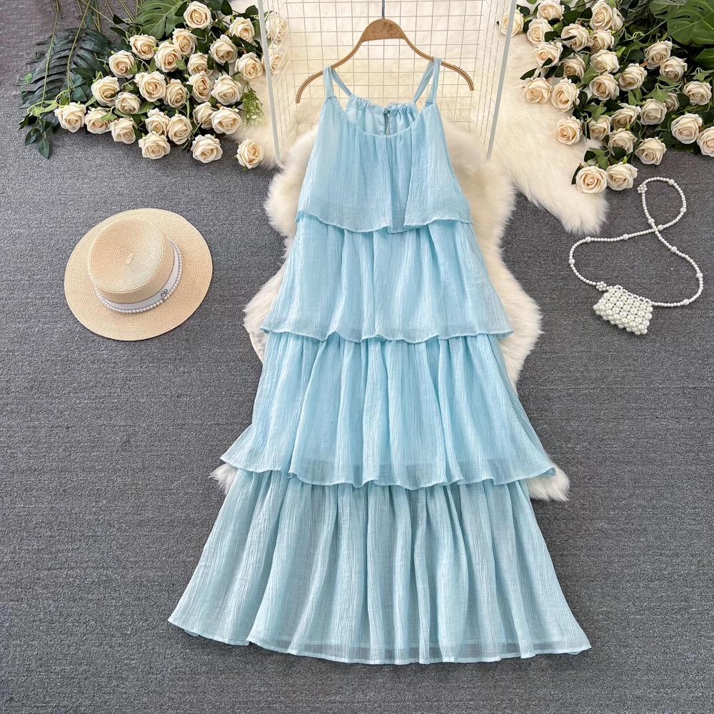 - Blue A-line Dress Seaside Vacation Beach Dress GEU989