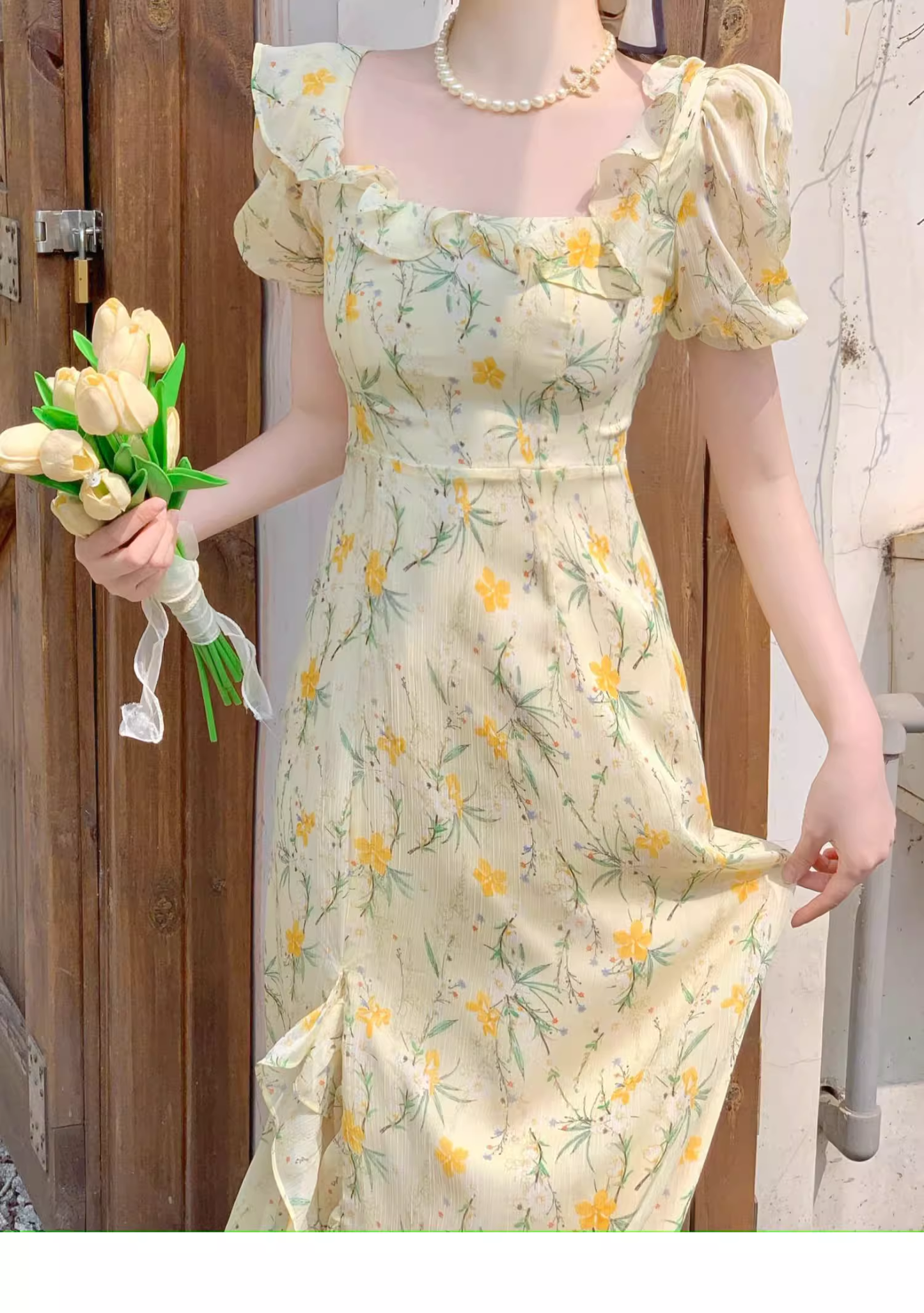 - Beach vacation yellow floral puff sleeve dress for women summer GEU1132