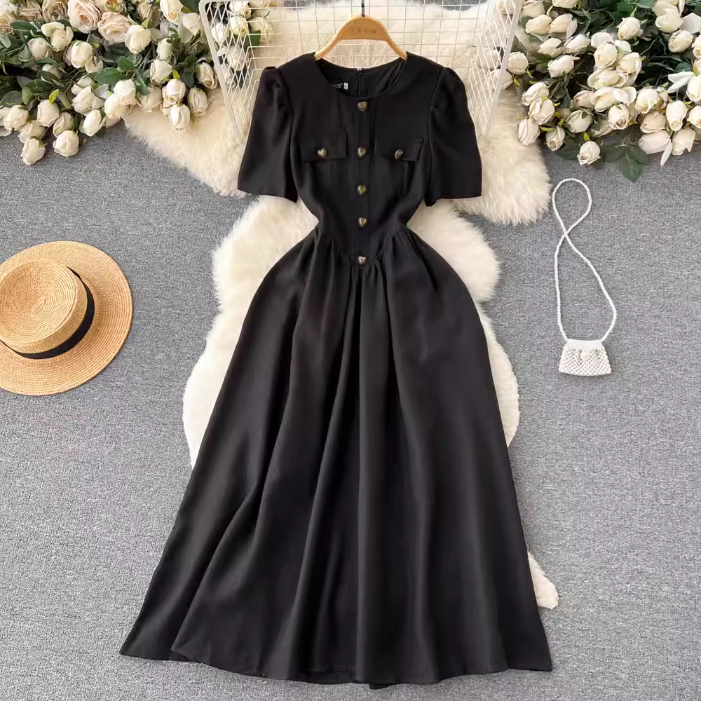 - New summer dress black short sleeve long dress GEU1184