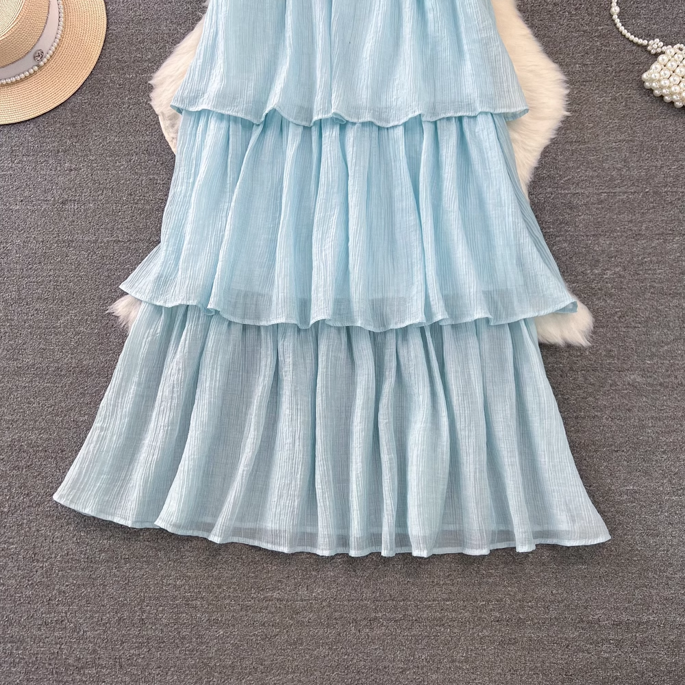 - Blue A-line Dress Seaside Vacation Beach Dress GEU989