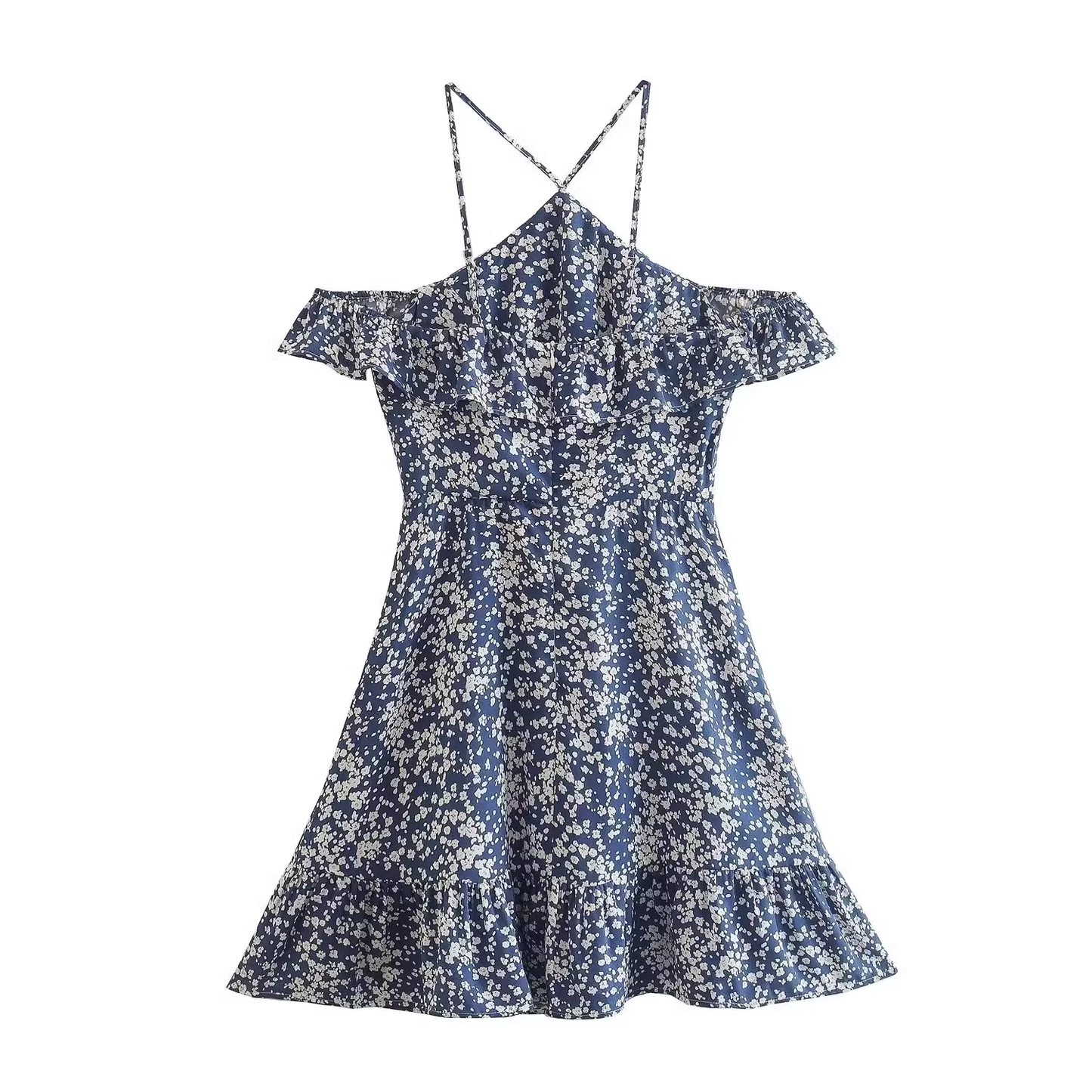 - French retro floral one-shoulder halterneck slim dress GEU474
