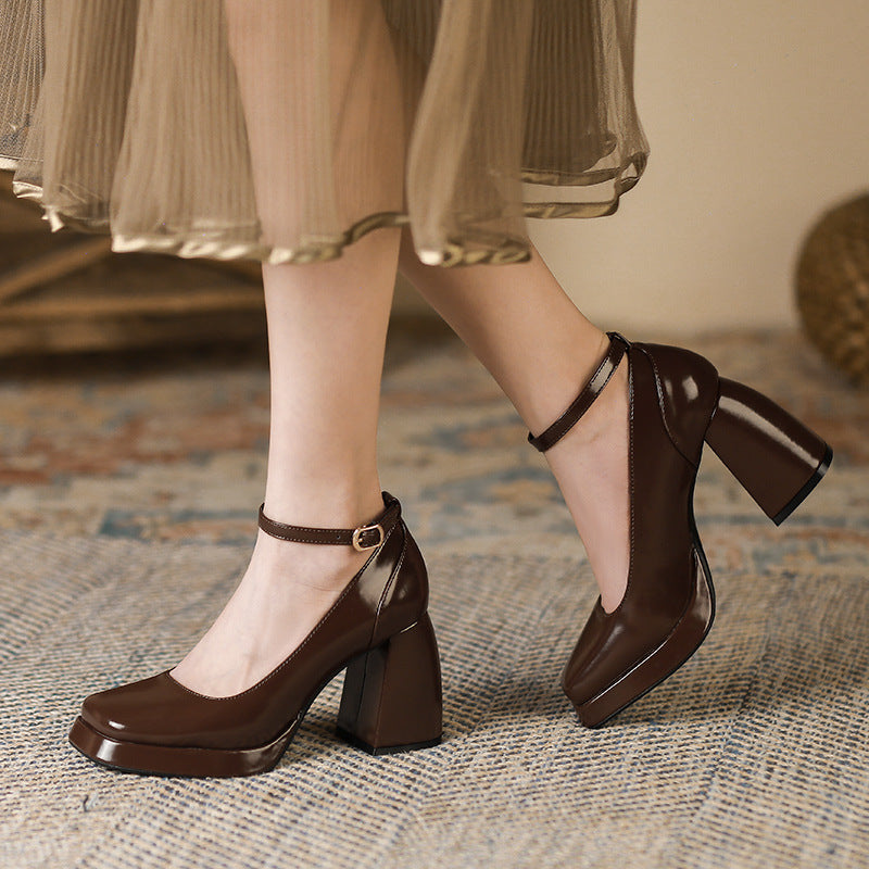 2025 8399-6 Mary Jane shoes 2025 autumn new fashion thick heel one-word buckle with square head waterproof table high heels