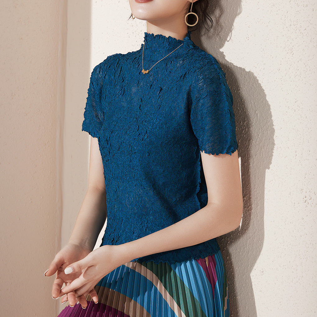 2025 basic hot-selling short-sleeved top women's summer slim-fitting high-end sense fashion temperament semi-turtleneck versatile T-shirt