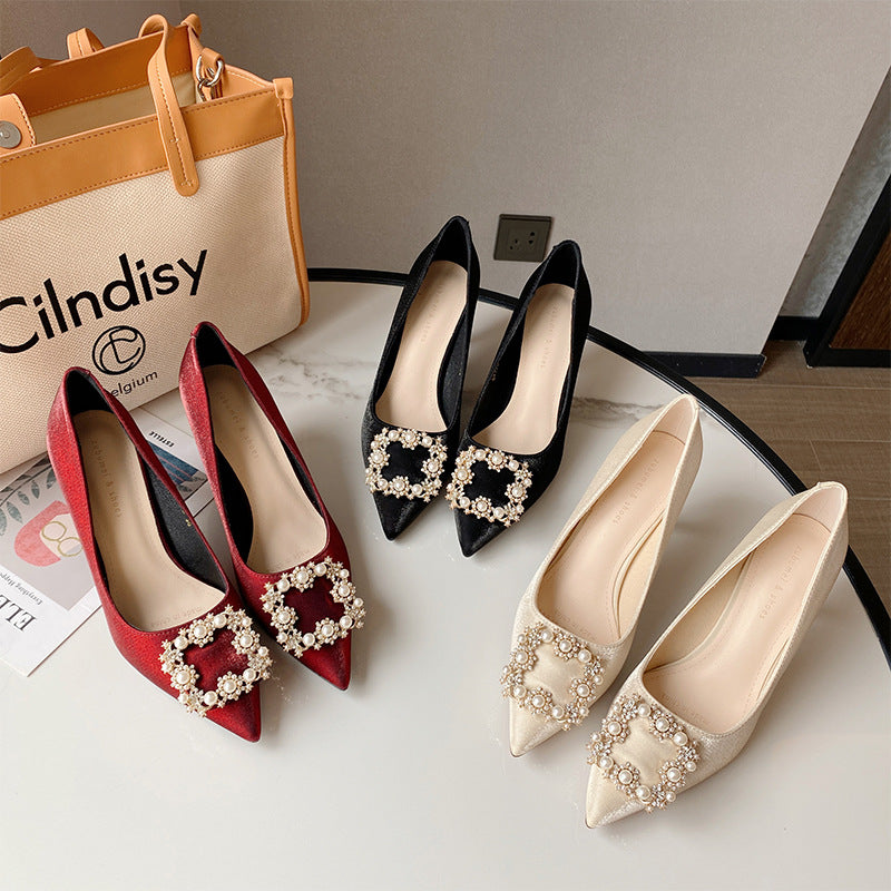 2025 SX775-18 high heels 2025 new pointed thin heels high heels wedding shoes women's rhinestone square buckle Xiuhe shoes
