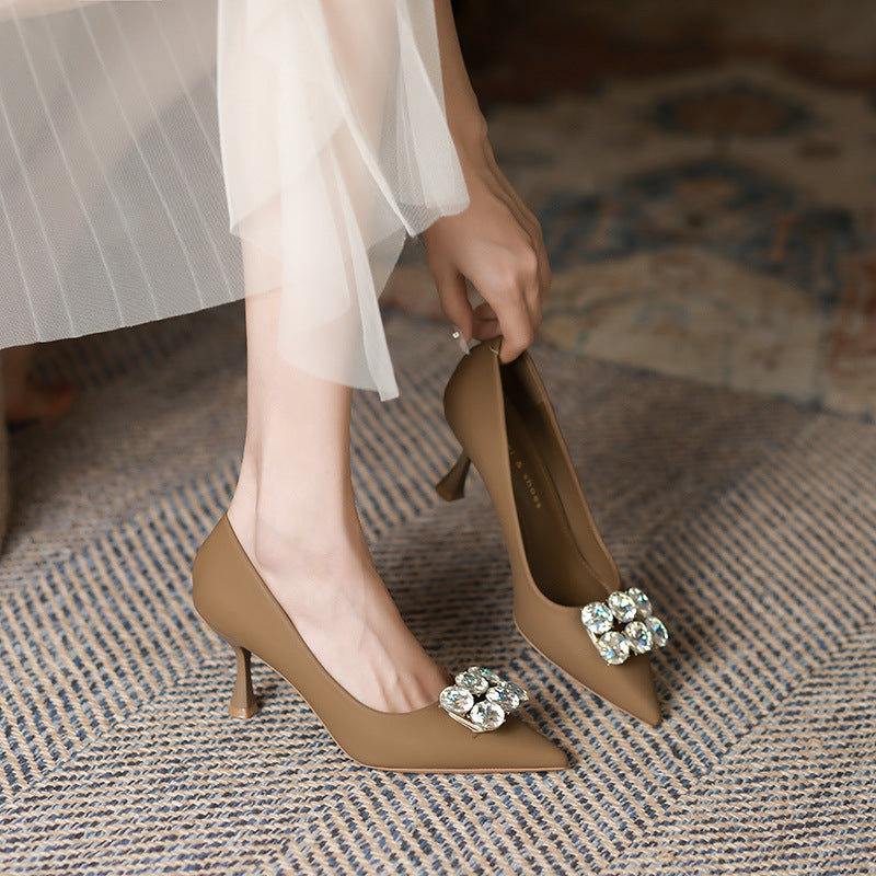 2025 7198-2 Rhinestone high heels for women's thin heels 2025 women's spring and summer casual fashion pointed single shoes, one piece for delivery