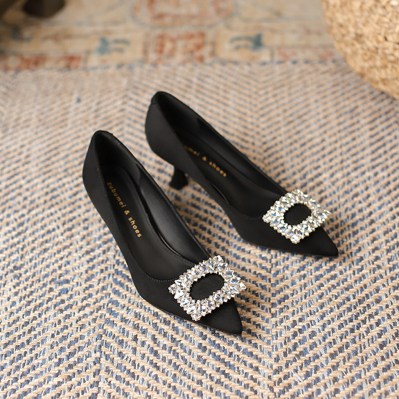 2025 6088-2 Korean version of rhinestone square buckle high-heeled single shoes 2025 women's autumn new pointed stiletto suede high-heeled shoes