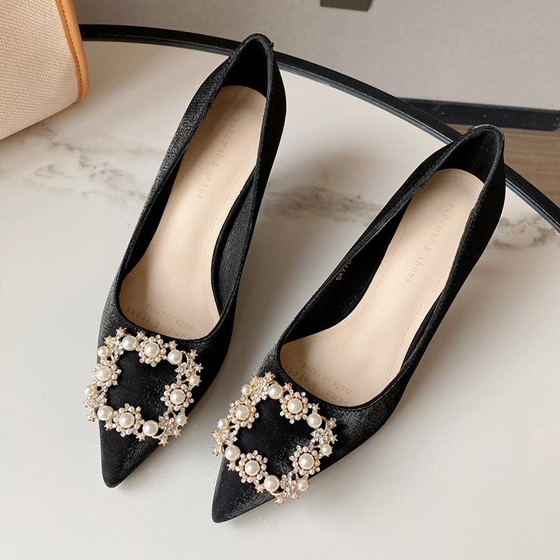2025 SX775-18 high heels 2025 new pointed thin heels high heels wedding shoes women's rhinestone square buckle Xiuhe shoes