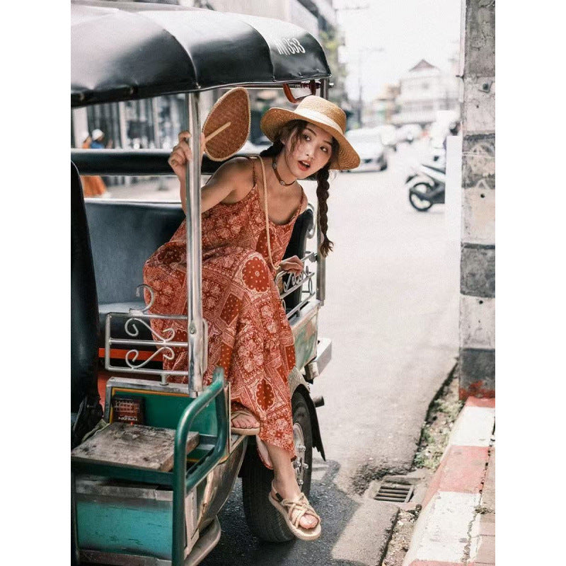 spring and summer new ethnic style dress white holiday style loose suspender skirt bohemian retro dress