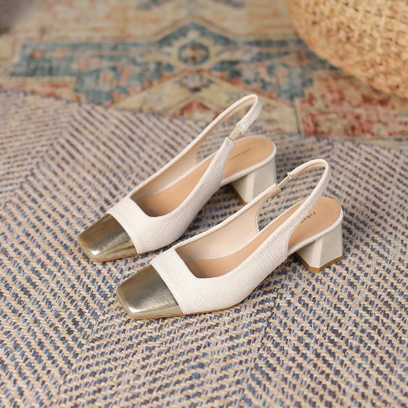 2025 5299-3 Customized bag head rear empty sandals women's medium heel 2025 new summer thick heel small gold head single shoes
