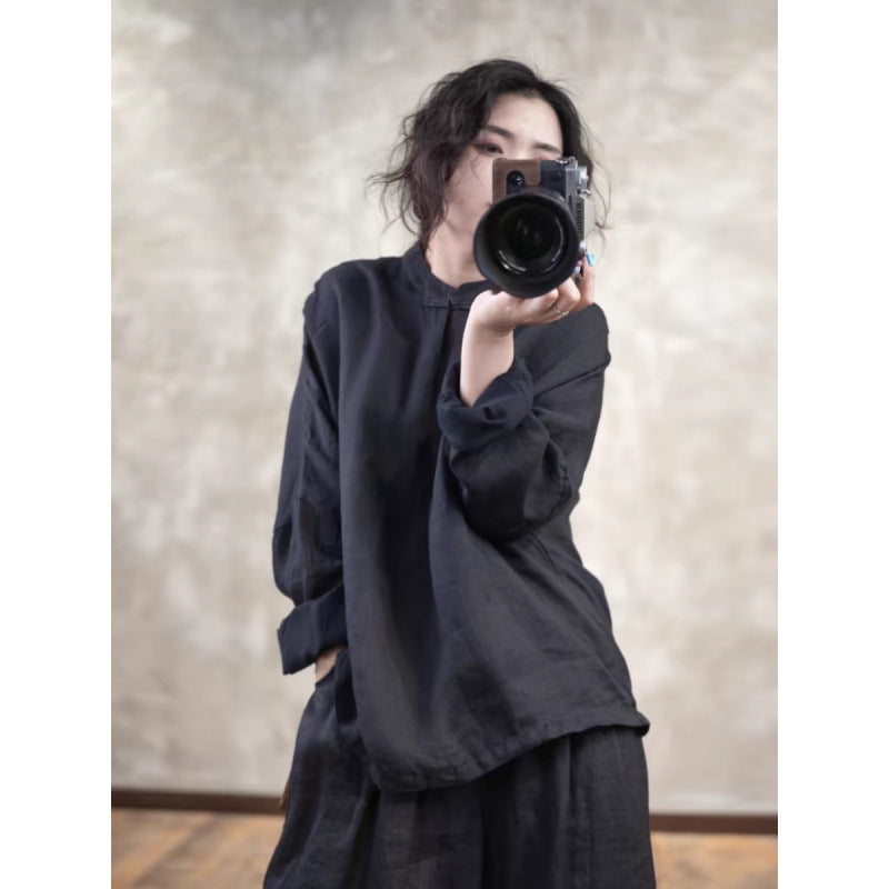 summer new exquisite handmade literary retro disc buckle stand-up collar literary loose long-sleeved solid color shirt women