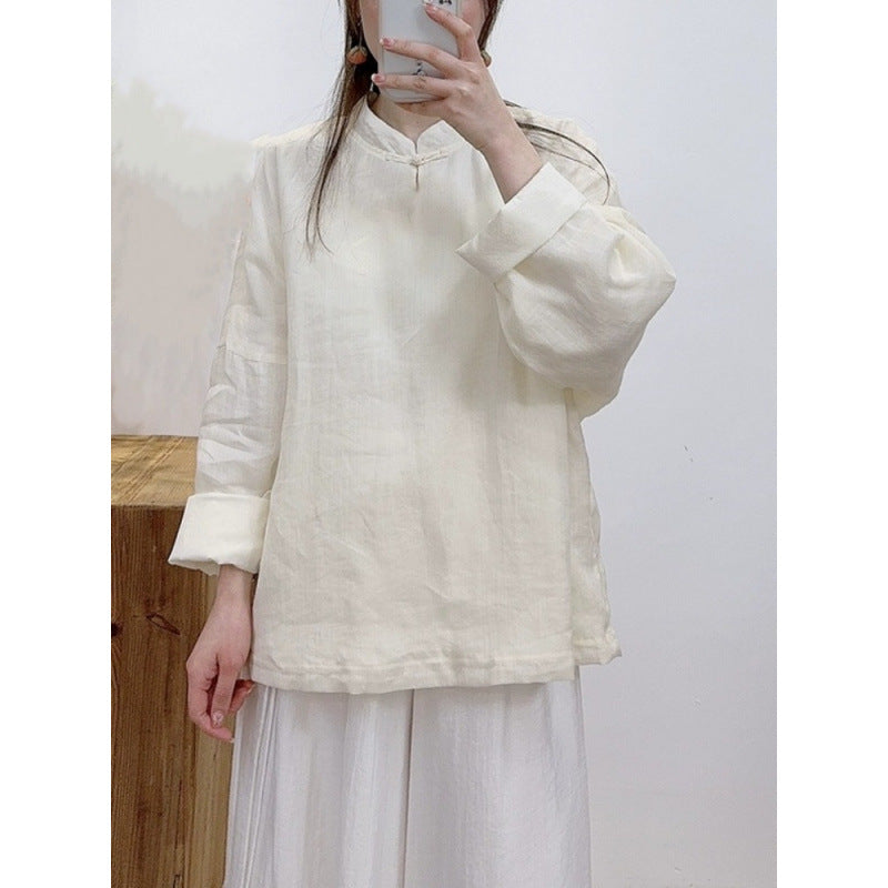 summer new exquisite handmade literary retro disc buckle stand-up collar literary loose long-sleeved solid color shirt women