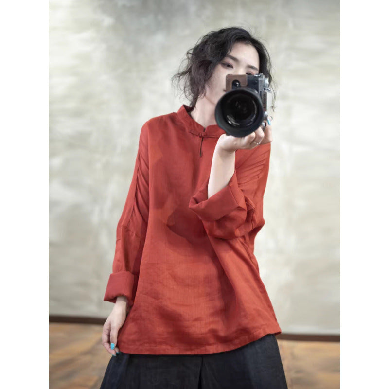 summer new exquisite handmade literary retro disc buckle stand-up collar literary loose long-sleeved solid color shirt women