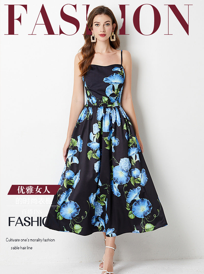 Real shot, summer new horn printing suspender pleated high waist slim pendulum dress fashion