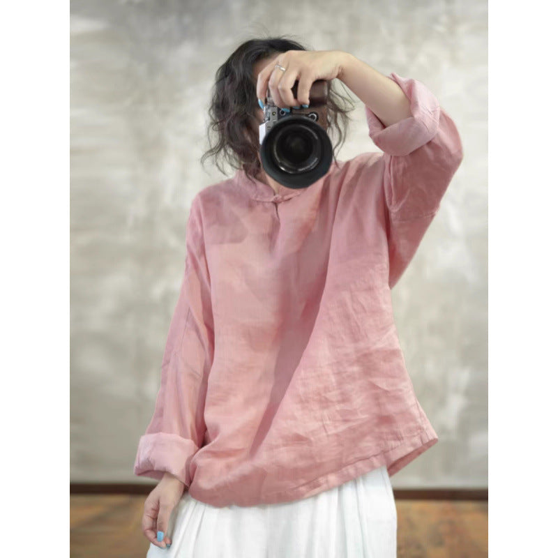 summer new exquisite handmade literary retro disc buckle stand-up collar literary loose long-sleeved solid color shirt women