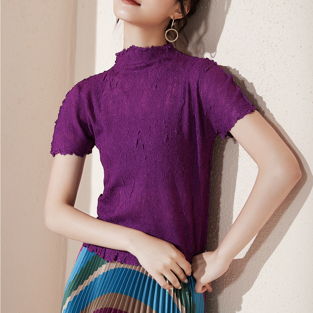 2025 basic hot-selling short-sleeved top women's summer slim-fitting high-end sense fashion temperament semi-turtleneck versatile T-shirt