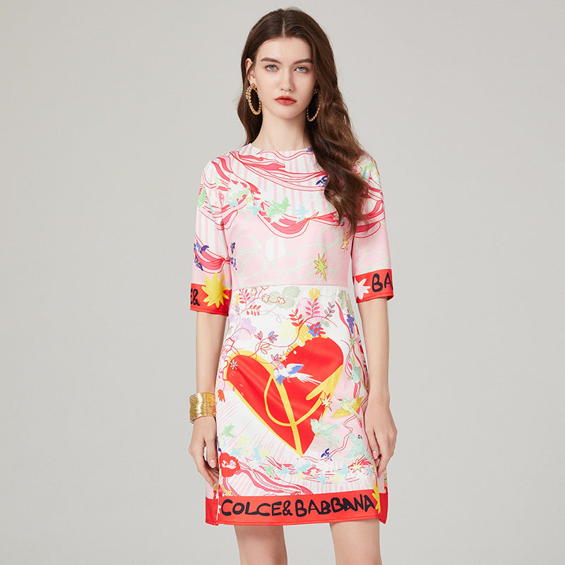 Real shot, spring and summer new product simple style round neck printed high waist and thin dress, medium sleeve A-shaped skirt