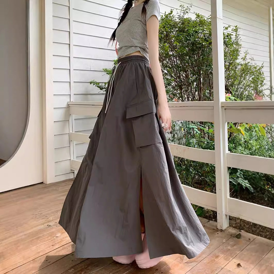 vmtvr 90s fashion 2024 Gentle Style Blue Drawstring Skirt Women's Early Autumn Lazy Slimming A- line Skirt Long Skirt