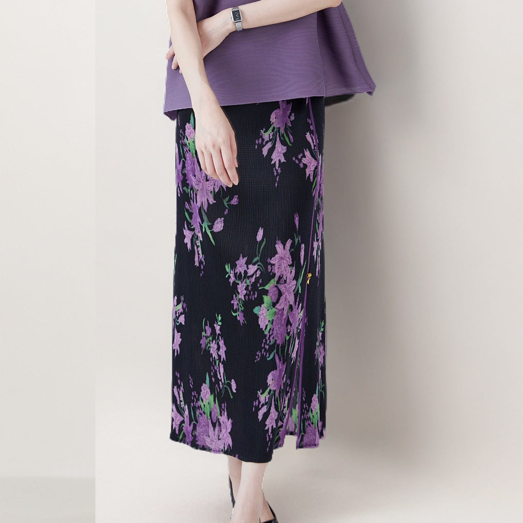 2025 National style retro skirt summer women's medium and long hot-selling printed split-ended temperament elegant high waist pleated hip skirt