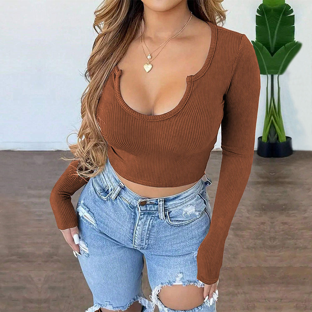 vmtvr pumpkin patch outfit Women's Sweet and Spicy Style U-Neck T-shirt Autumn and Winter Short Navel Sexy Hot Girl Long-Sleeved Top