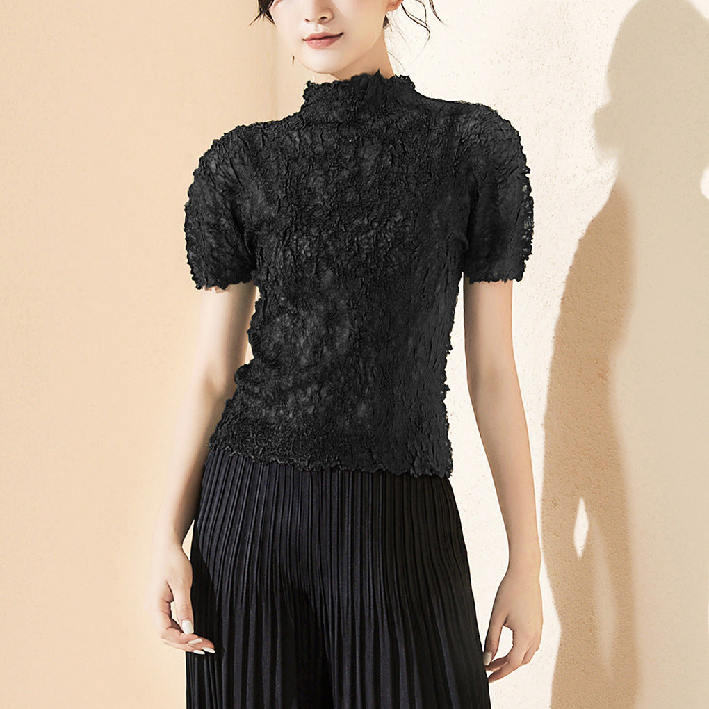 2025 basic hot-selling short-sleeved top women's summer slim-fitting high-end sense fashion temperament semi-turtleneck versatile T-shirt