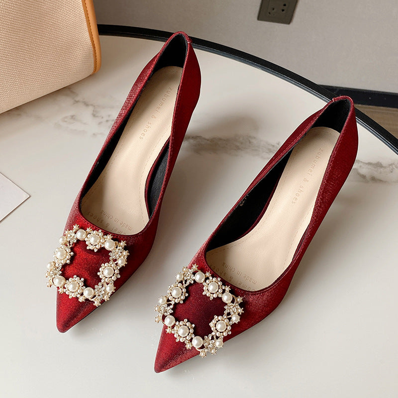 2025 SX775-18 high heels 2025 new pointed thin heels high heels wedding shoes women's rhinestone square buckle Xiuhe shoes