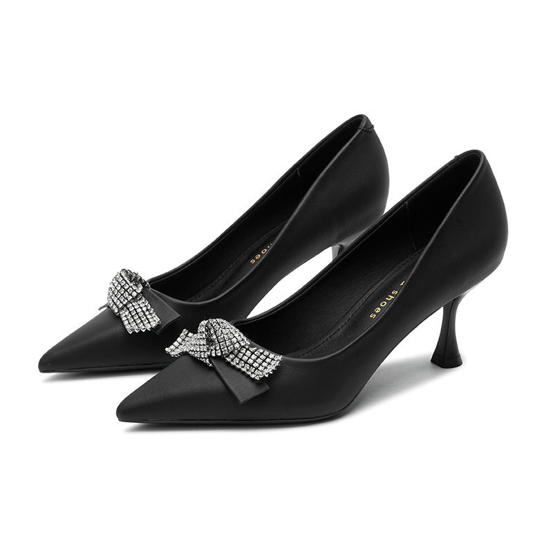 2025 7198-3 Rhinestone bow high heel single shoes women's professional commuter work women's shoes pointed stiletto high heels women