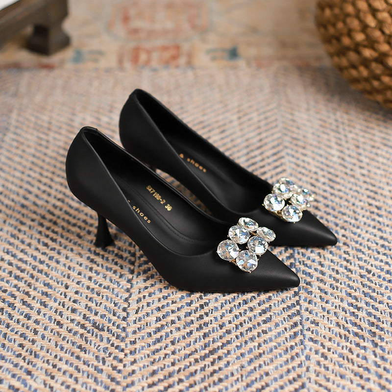 2025 7198-2 Rhinestone high heels for women's thin heels 2025 women's spring and summer casual fashion pointed single shoes, one piece for delivery