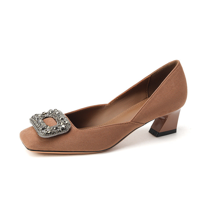 2025 488-5 square head thick heel high heels women's rhinestone square buckle single shoes women's temperament suede medium heel single shoes women