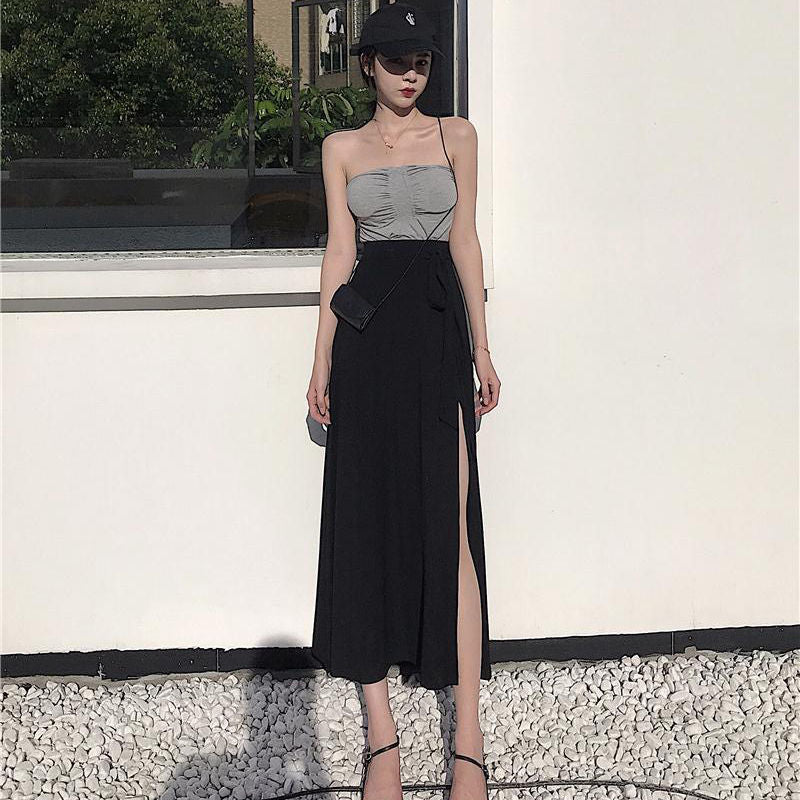 vmtvr fashion outfits Sexy Split High Waist A- line Skirt Mid-Length Online Celebrity Ins Skirt Women's Summer New One-Piece Fairy Skirt