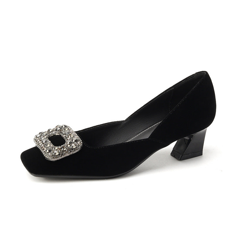 2025 488-5 square head thick heel high heels women's rhinestone square buckle single shoes women's temperament suede medium heel single shoes women