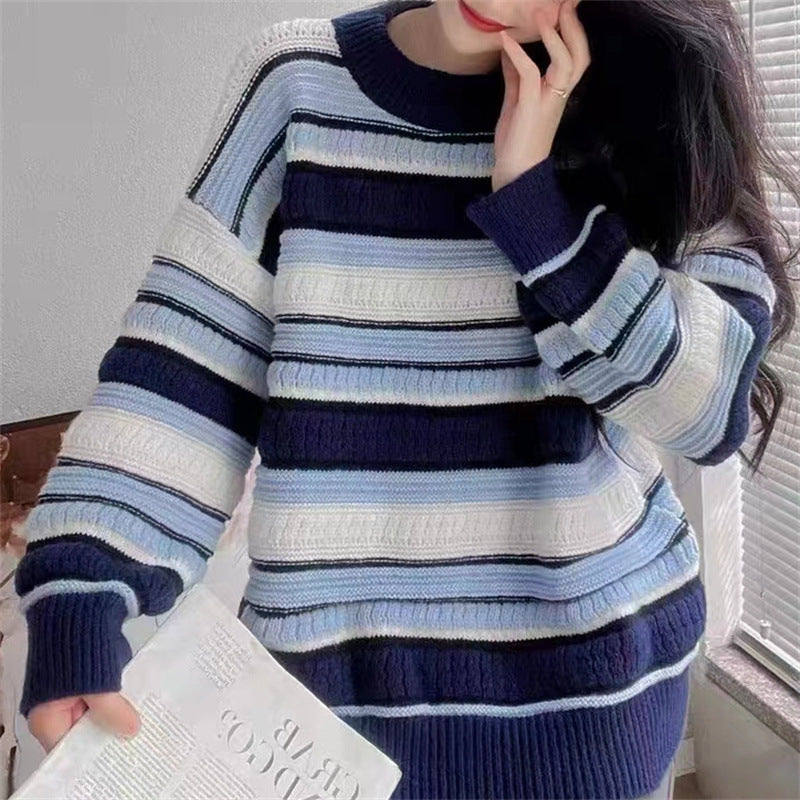 vmtvr panther halloween costume Gentle Style Soft Glutinous Striped Jacquard Pullover Women's 24 Autumn and Winter Retro Loose Sweater Lazy Style Top