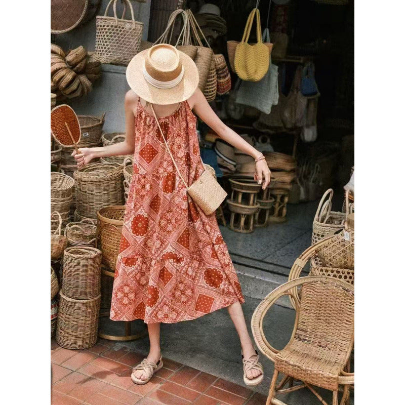 spring and summer new ethnic style dress white holiday style loose suspender skirt bohemian retro dress