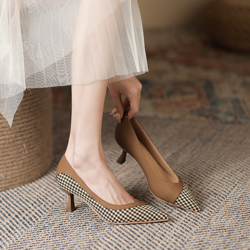 2025 6088-1 retro thousand bird grid color matching single shoes for women 2025 women's autumn new pointed stiletto high heels for women
