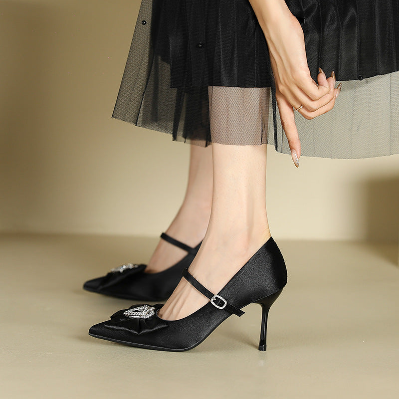 2025 811-B5 Love rhinestone bow single shoes women's one-word pointed stiletto high heels women's suede high heels women's shoes