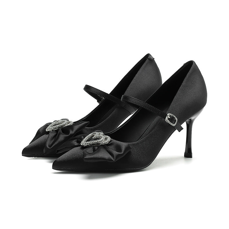2025 811-B5 Love rhinestone bow single shoes women's one-word pointed stiletto high heels women's suede high heels women's shoes