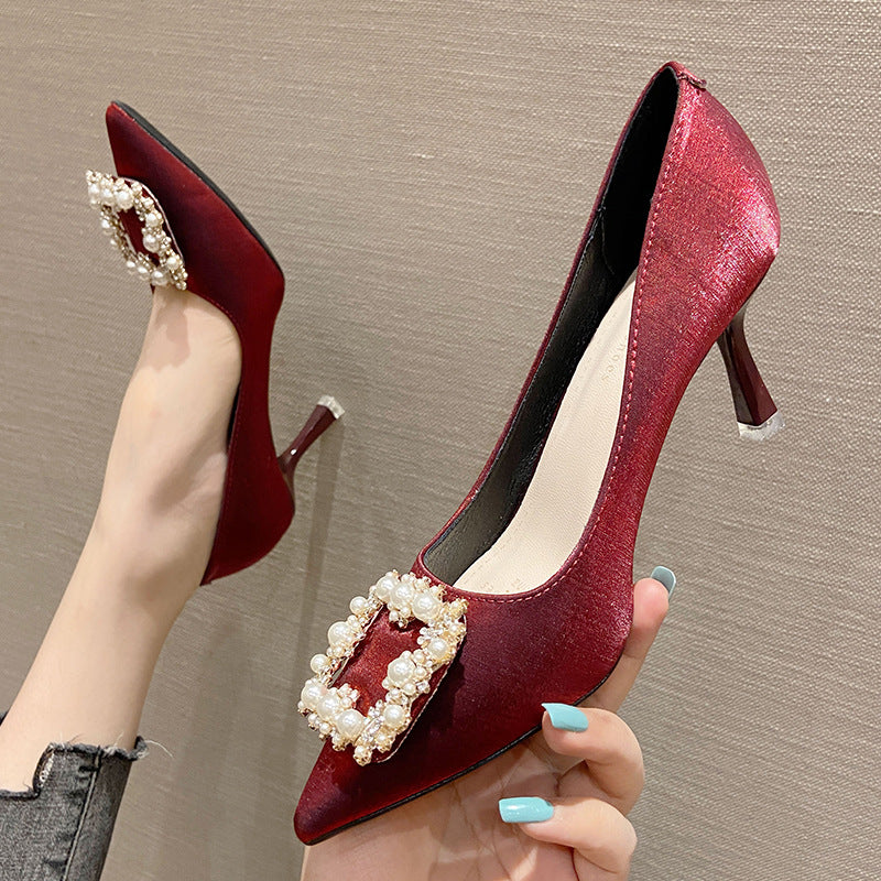 2025 SX775-18 high heels 2025 new pointed thin heels high heels wedding shoes women's rhinestone square buckle Xiuhe shoes